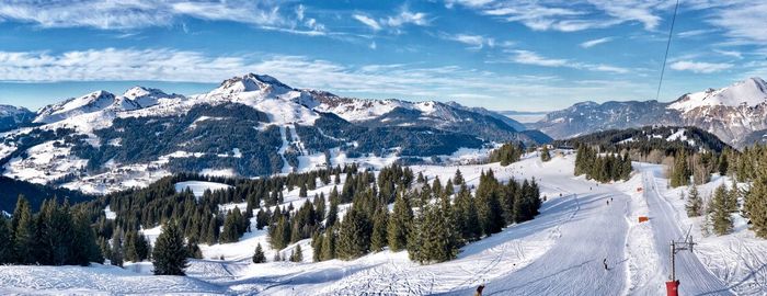 Panoramic view of trees and mountains against sky