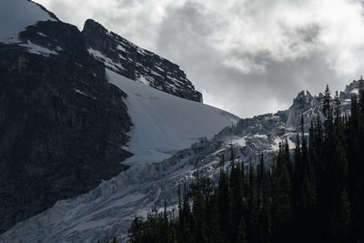 Low angle view of snowcapped mountains against sky