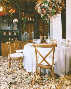 Empty chairs and table in restaurant