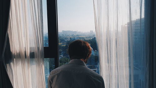 Rear view of man looking through window