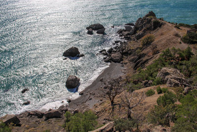 High angle view of rocks at beach