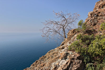 Rock formation by sea against clear sky