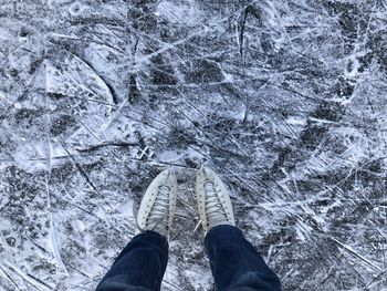 Low section of person standing on snow covered land