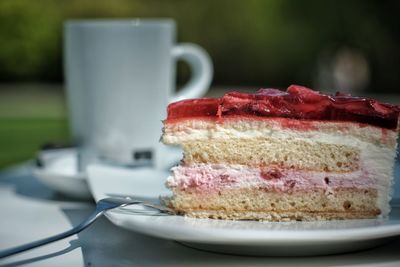 Close-up of cake served on table