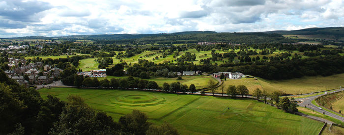 High angle view of agricultural field against sky