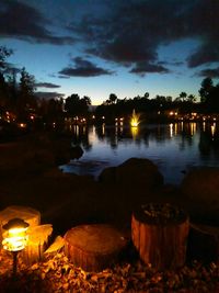 Reflection of illuminated trees in water at dusk