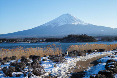 Scenic view of snowcapped mountains against clear sky