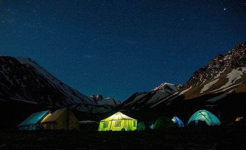 Tent against blue sky at night