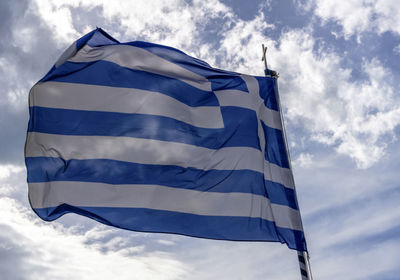 Low angle view of greek flag against sky
