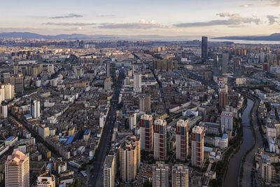 High angle view of buildings in city