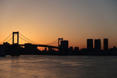 Silhouette bridge over river against sky during sunset