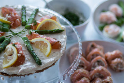 High angle view of meal served on table