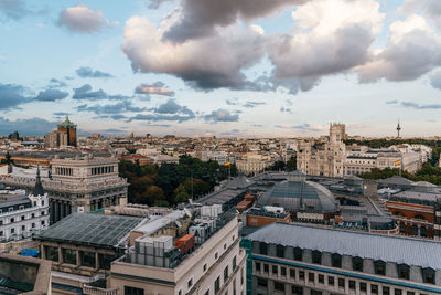 High angle view of cityscape against cloudy sky