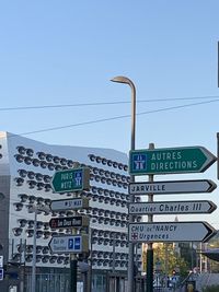Road sign against clear blue sky
