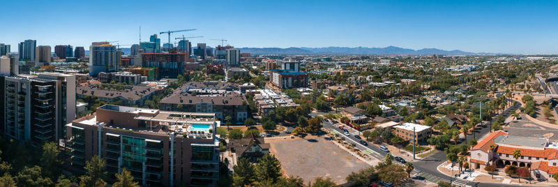 High angle view of cityscape against clear sky