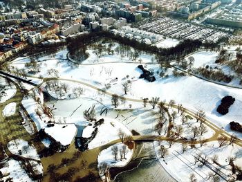 High angle view of frozen water