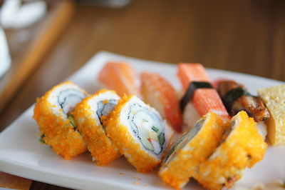 Close-up of sushi in plate on table