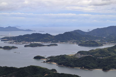 Scenic view of sea and mountains against sky
