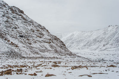 Scenic view of snow covered mountains against sky