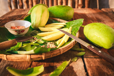 Close-up of food on wood