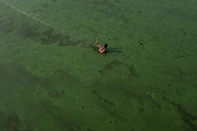 High angle view of person walking in lake