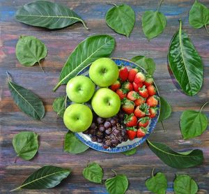 High angle view of fruits in plate with leaves on wooden table