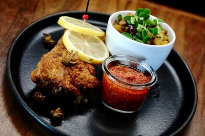 Close-up of meal served on table