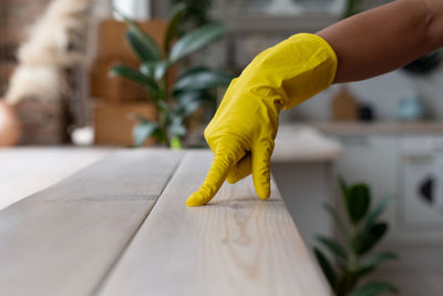 Midsection of woman holding yellow flowers on table