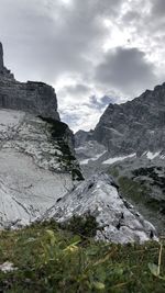 Scenic view of mountains against cloudy sky