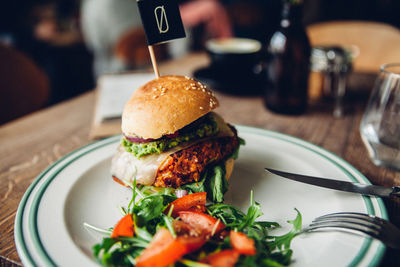 Close-up of burger in plate