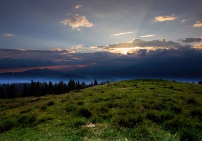 Scenic view of field against sky during sunset