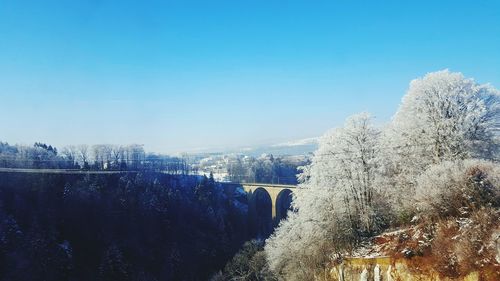 Aerial view of cityscape against clear sky during winter