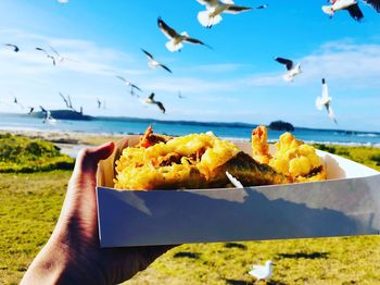 View of hand holding food against birds flying over sea