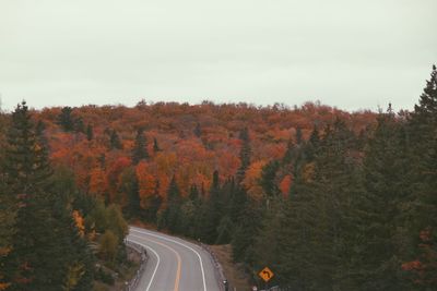 Road amidst trees against sky during autumn