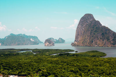 Scenic view of bay against sky