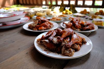 Close-up of food served on table