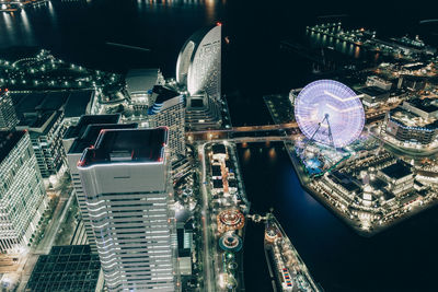 High angle view of illuminated cityscape