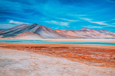 Scenic view of snowcapped mountains against blue sky