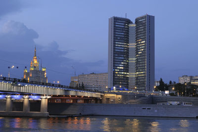 Russia moscow center city view on river, bridge and buildings of different stile.