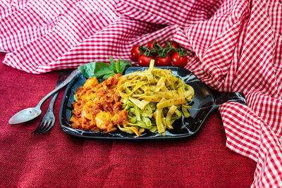 Close-up of pasta served in plate