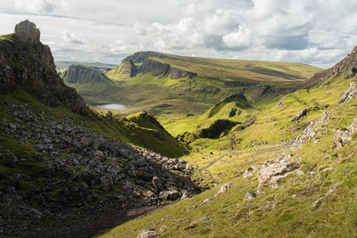 Scenic view of the prison rocky outcrop in the quiraing, isle of skye, scotland