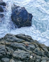 High angle view of rocks in sea