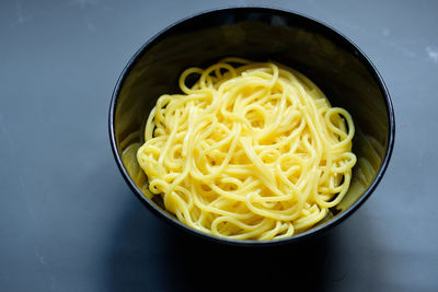 High angle view of noodles in bowl on table