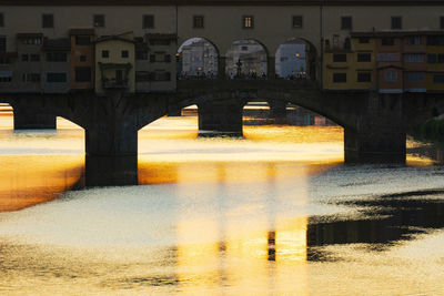 Bridge over river against buildings in city