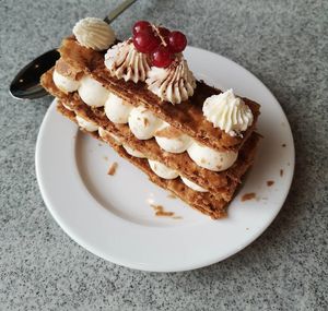 High angle view of cake in plate on table