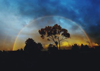Scenic view of rainbow over silhouette trees against sky