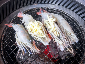 High angle view of fish on barbecue grill
