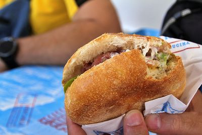Crispy roll, raw tuna sandwich, fresh fish sandwich, sandwich packed in a cardboard box, avocado