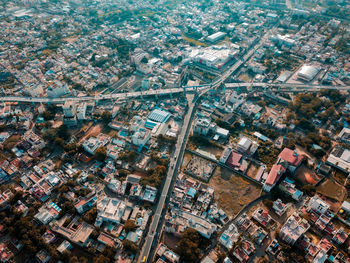 High angle view of city street and buildings