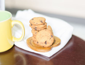 Close-up of cookies in plate on table